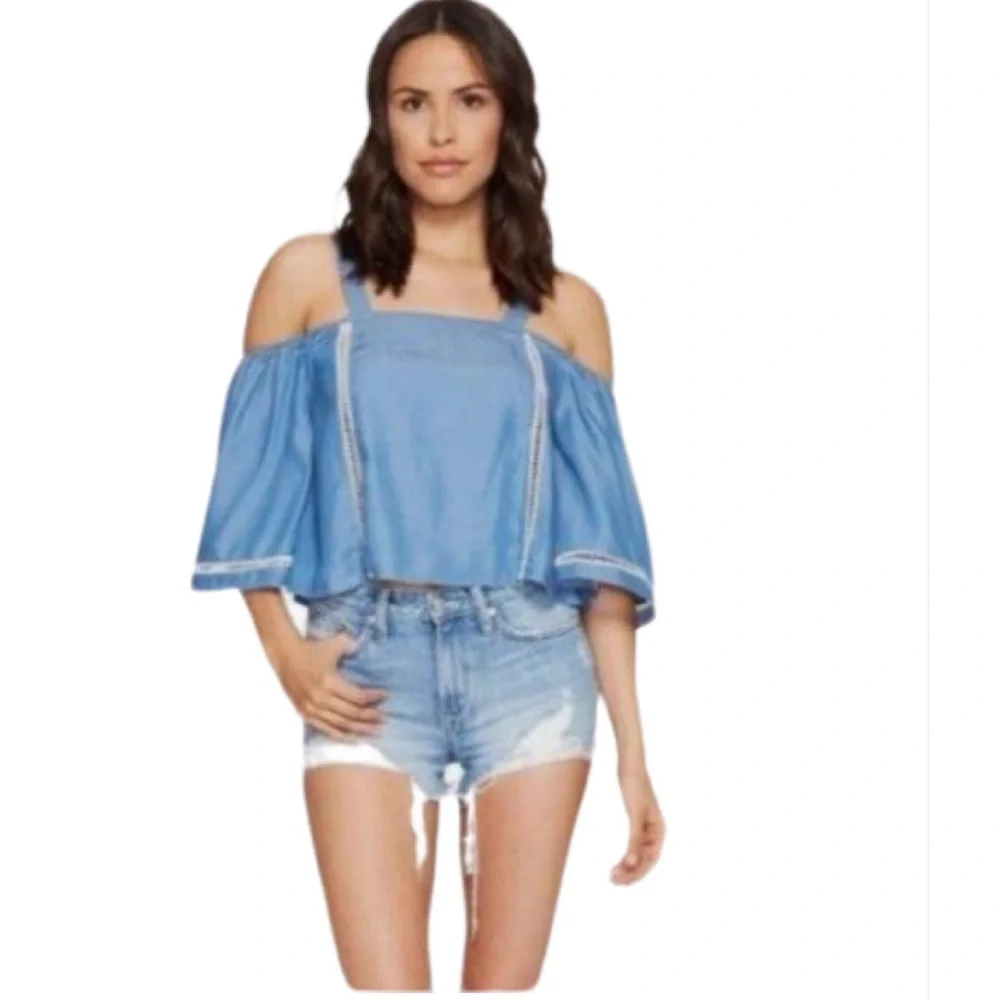 Lovers + Friends Chambray Tencel Cold Shoulder Top - Picture 1 of 5